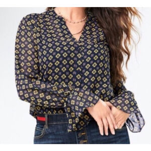 Women's cabi Navy Yellow Patterned Blouse S